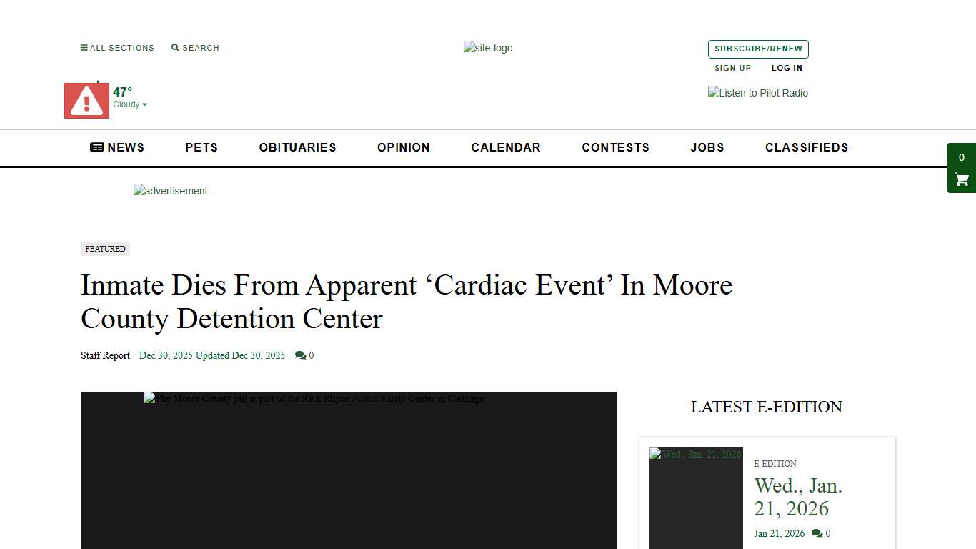 Inmate Dies From Apparent ‘Cardiac Event’ In Moore County Detention Center News thepilot.com